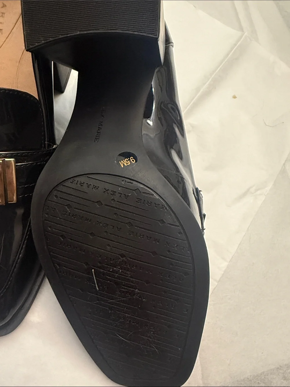 Alex Marie Black Patent Loafers with Gold Buckle Accent